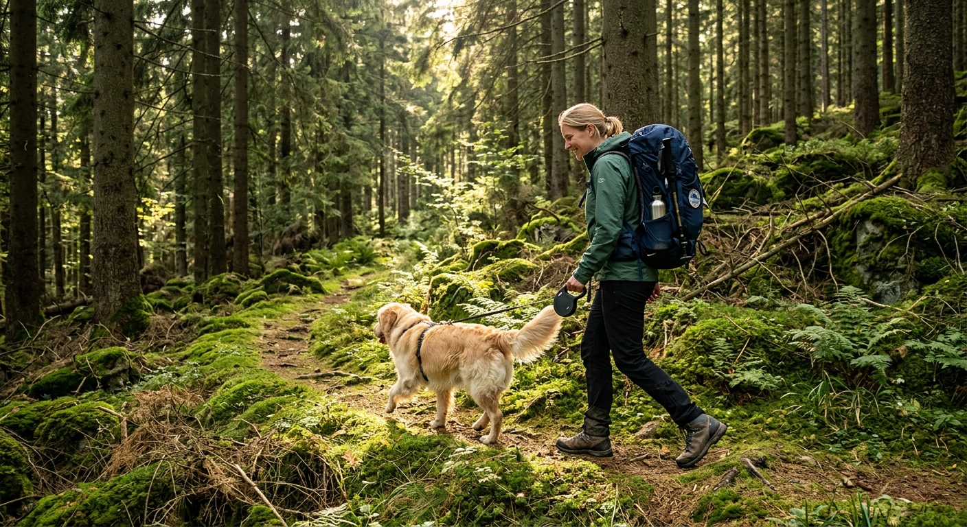 Wandern im Harz – Person mit Hund auf Waldpfad im Oberharz bei Bad Grund